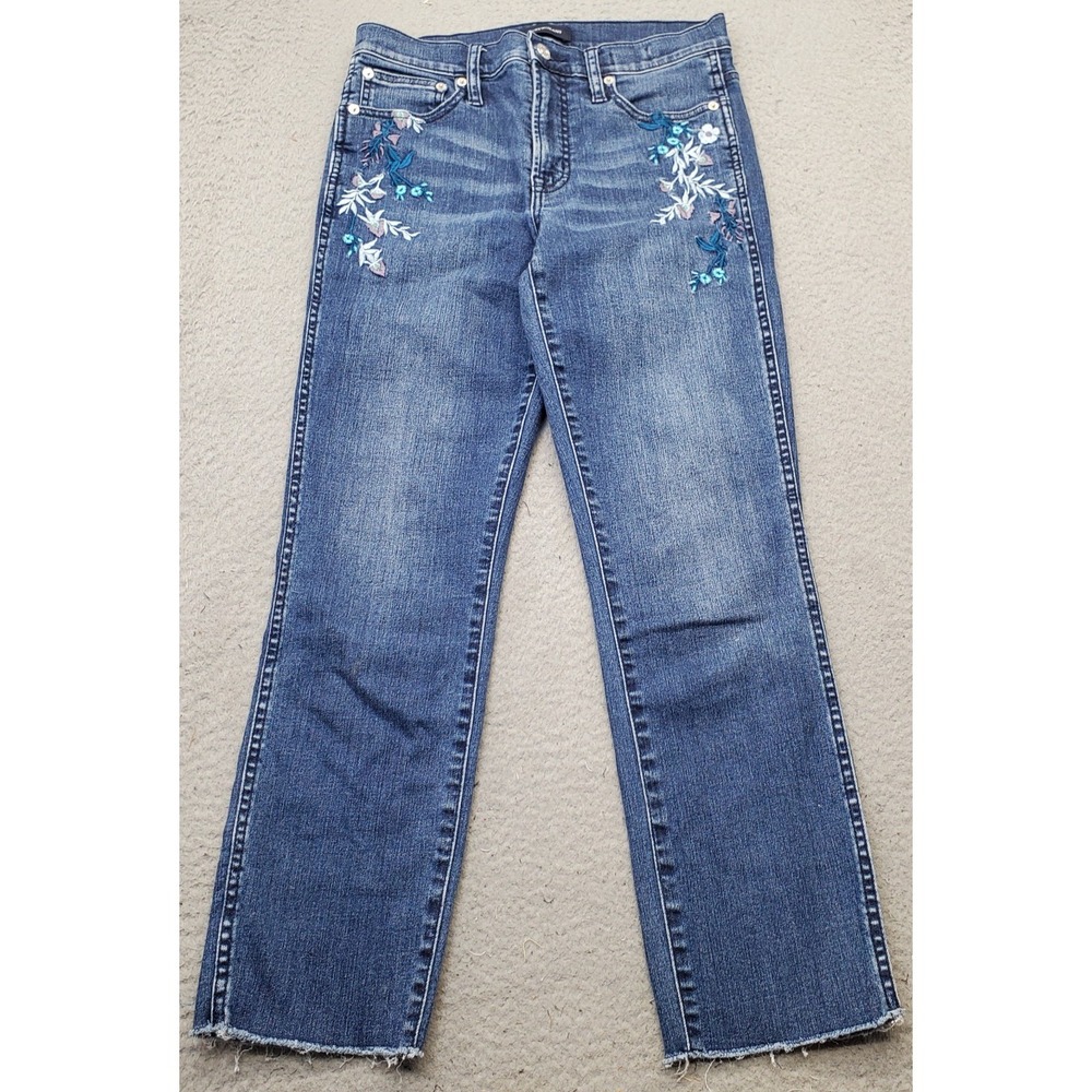 J.Crew Cropped Jeans Women 27 Blue Denim Embroidered Floral Raw Hem Straight Leg